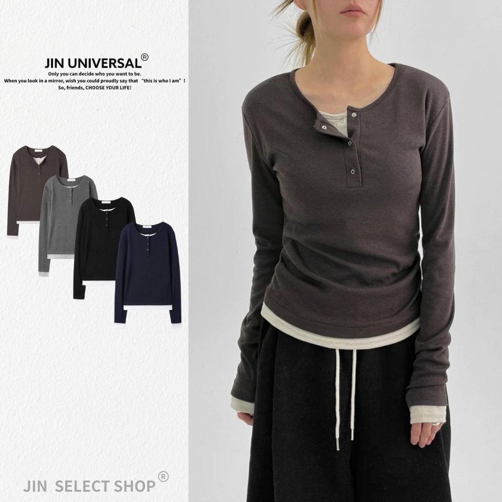 🇰🇷韓國 BLACK UP 分層 假兩件 半開襟 長袖上衣