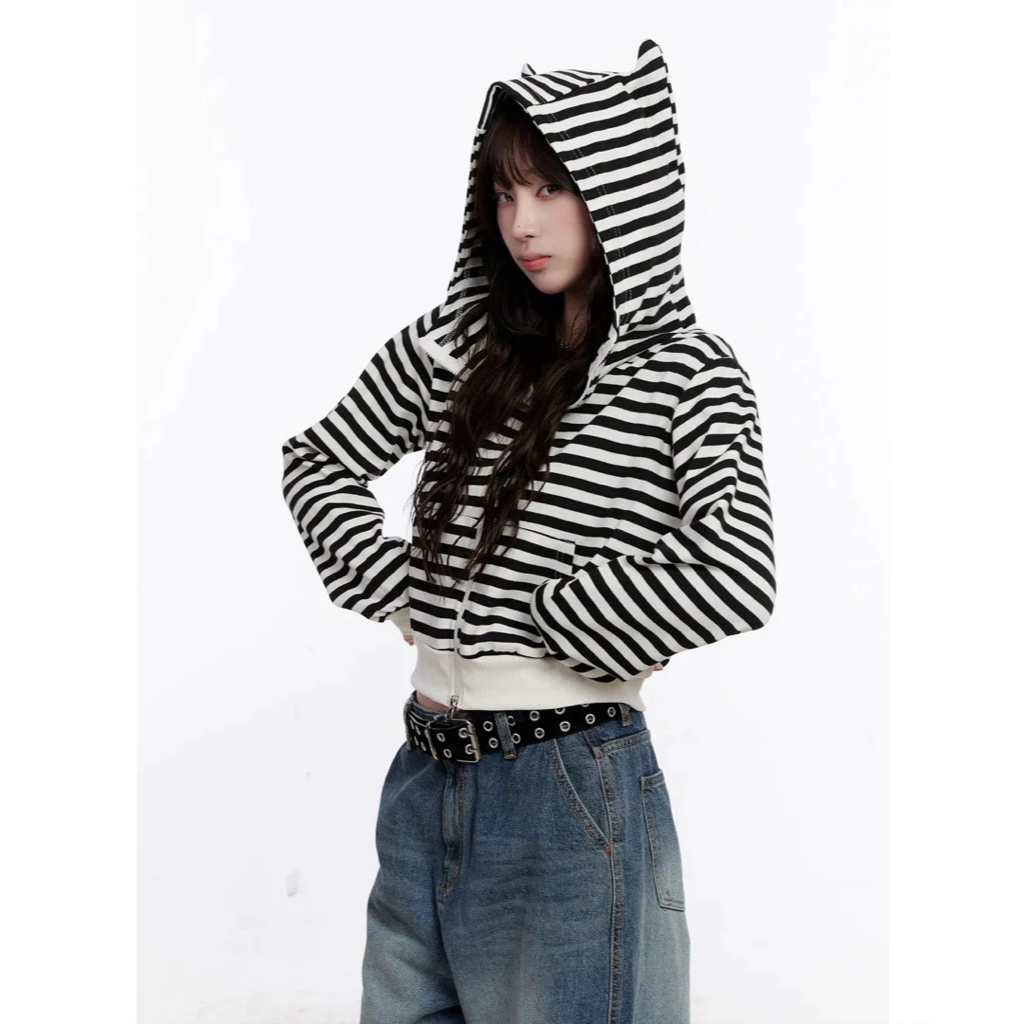 🇰🇷韓國 Cat Ear JK 貓耳 條紋 雙拉鍊 連帽外套