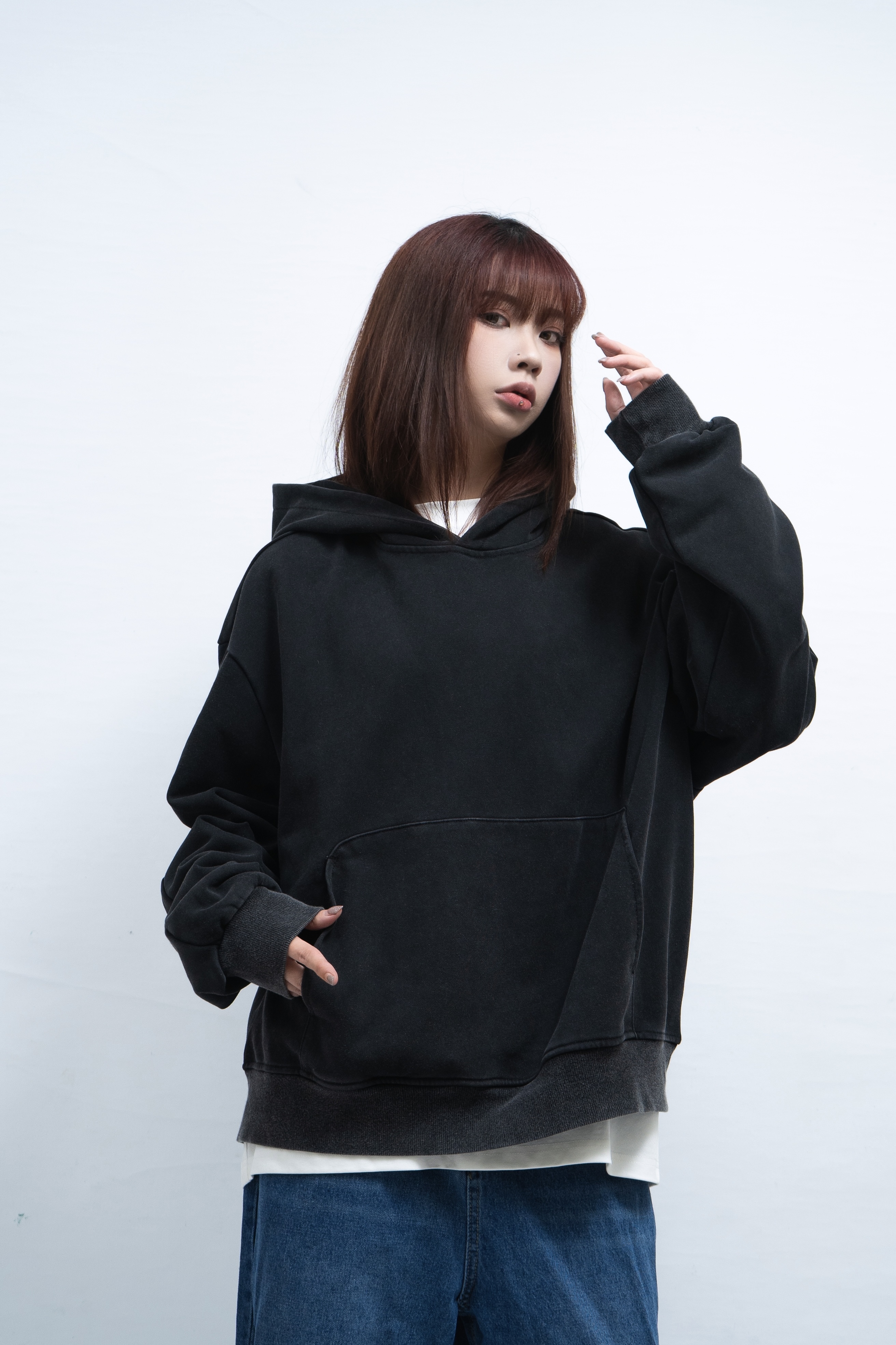 JINMANU HD2502W BOXY寬短立殼魚鱗布帽T (無刷毛水洗仿舊) 連帽長袖 帽TEE 春夏可穿