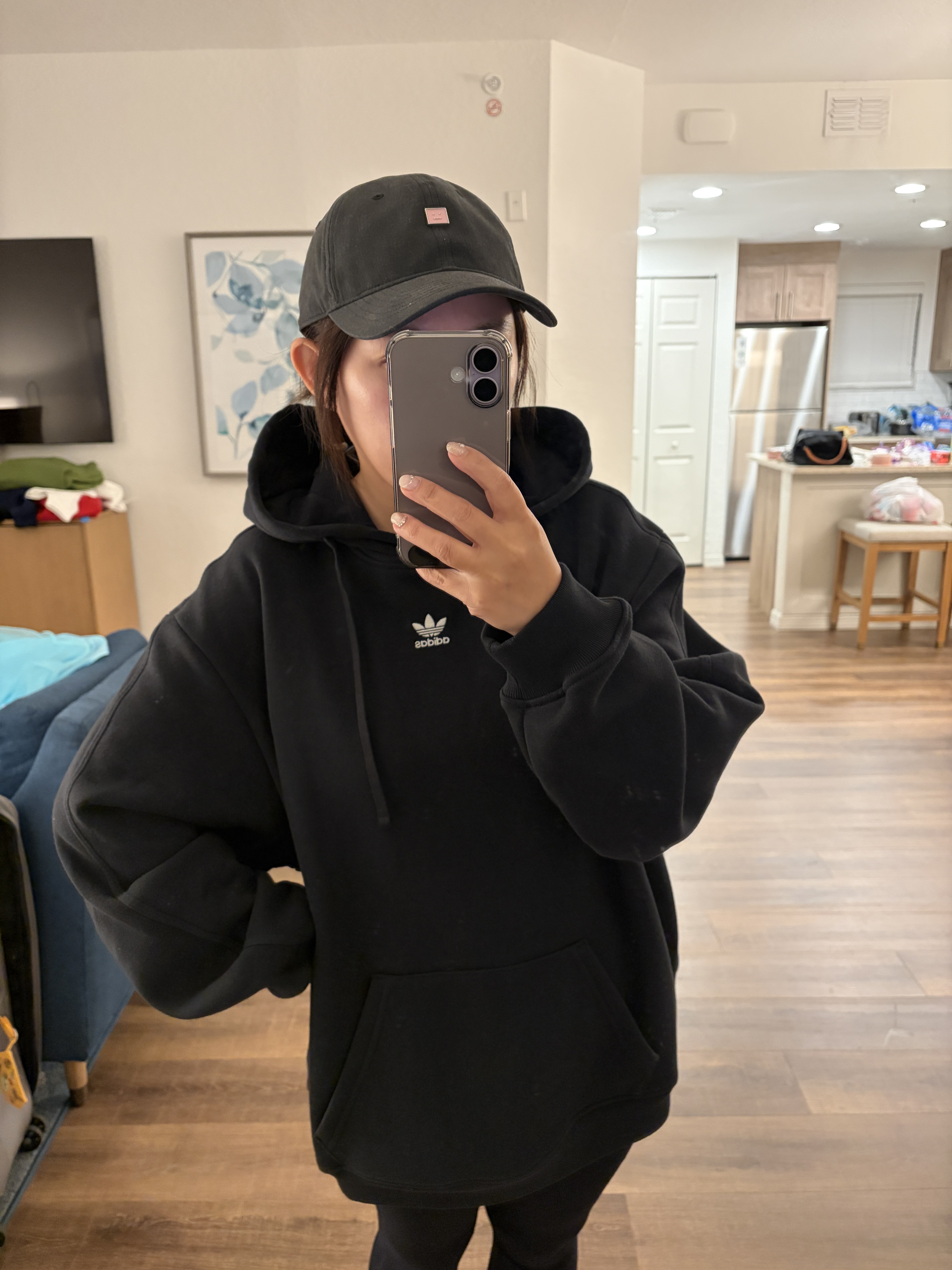 【限時】Adidas 女款 三葉草 刺繡小標 落肩 寬版 刷毛 長版帽TEE (2色)