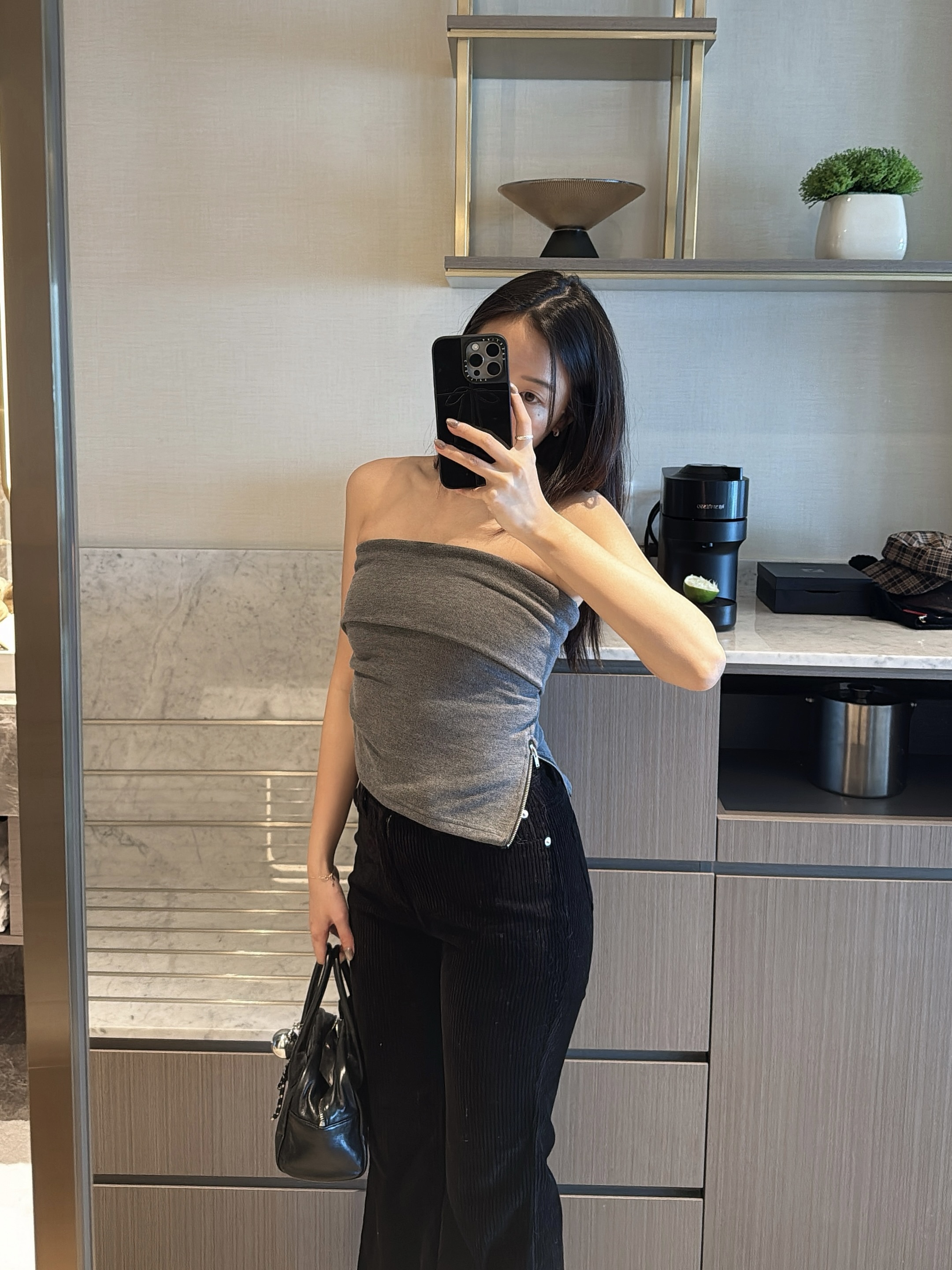 N12 反折平口拉鍊上衣（深灰/黑）