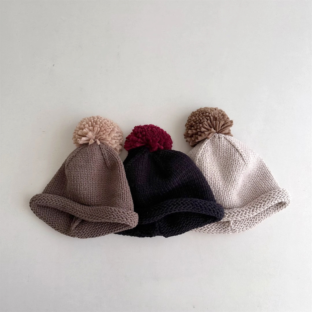 撞色毛球 捲邊針織帽