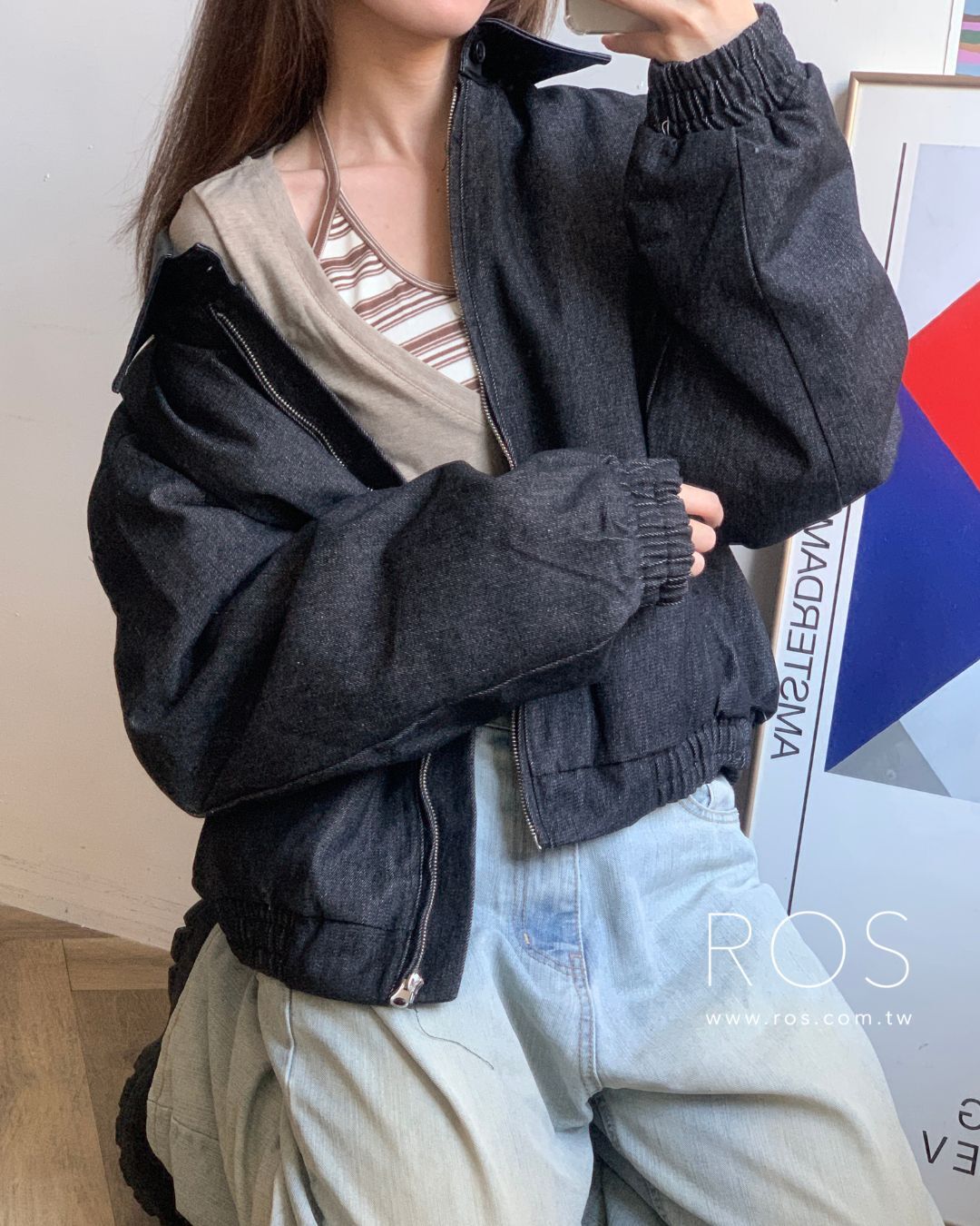 皮革領拼接鋪棉外套 黑