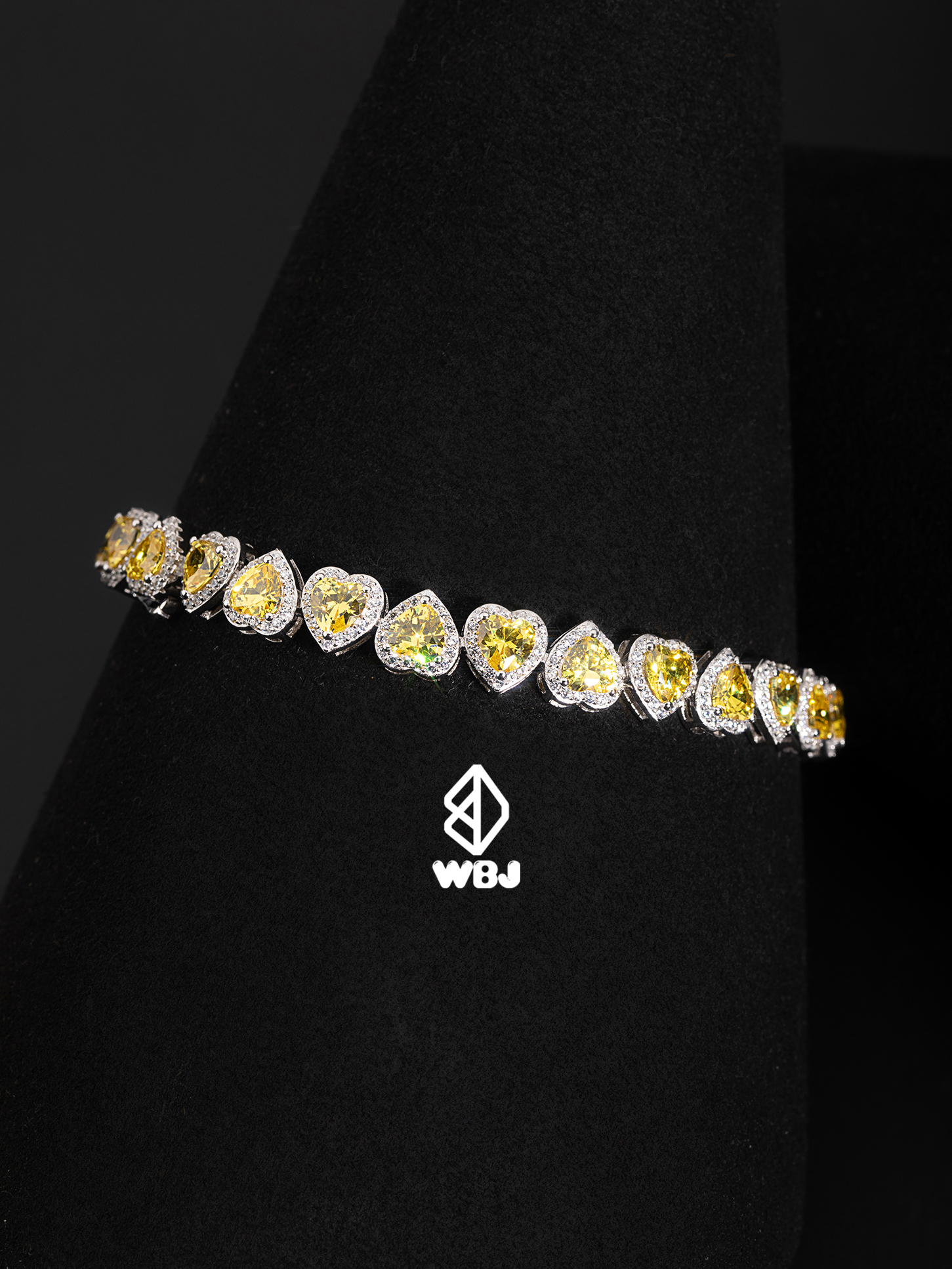 WBJ訂製珠寶 愛心群鑲手鍊(黃色) 925銀 電鍍18K白金 手工鑲嵌