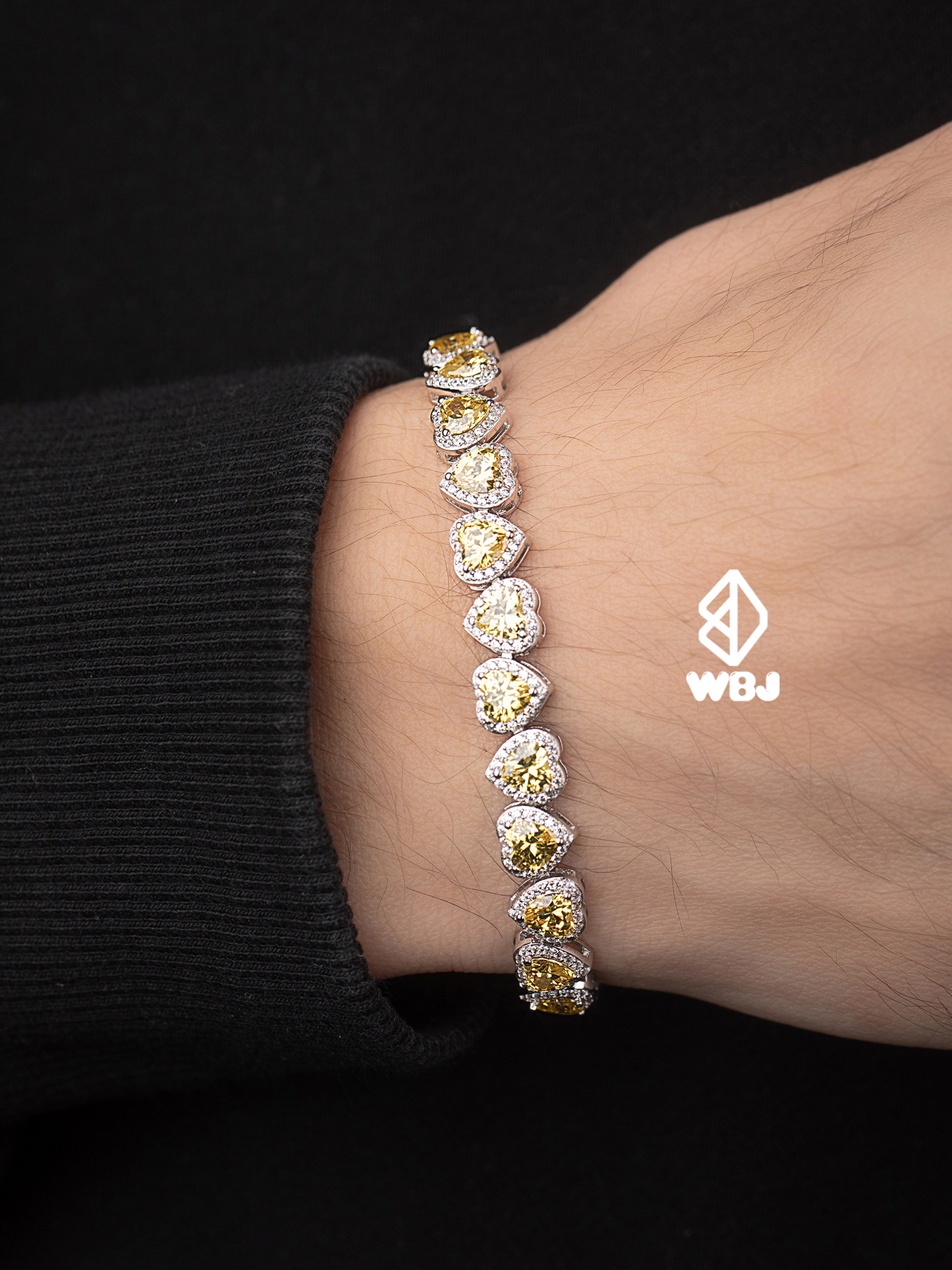 WBJ訂製珠寶 愛心群鑲手鍊(黃色) 925銀 電鍍18K白金 手工鑲嵌