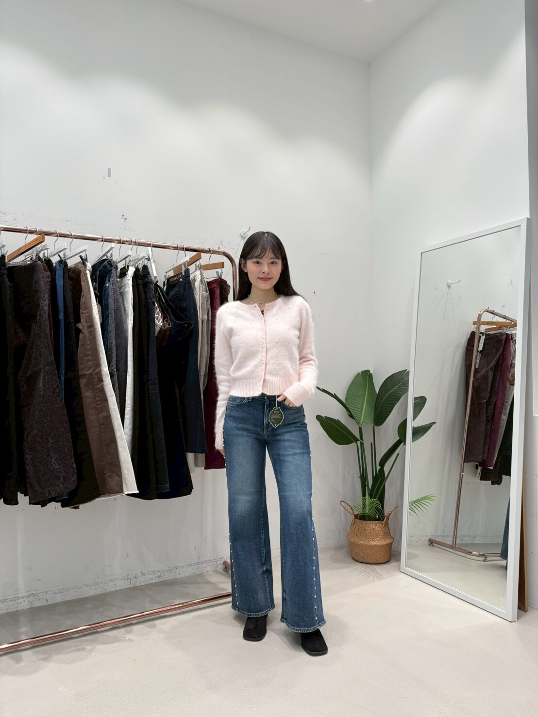 HL2576 側珍珠刷薄毛牛仔褲