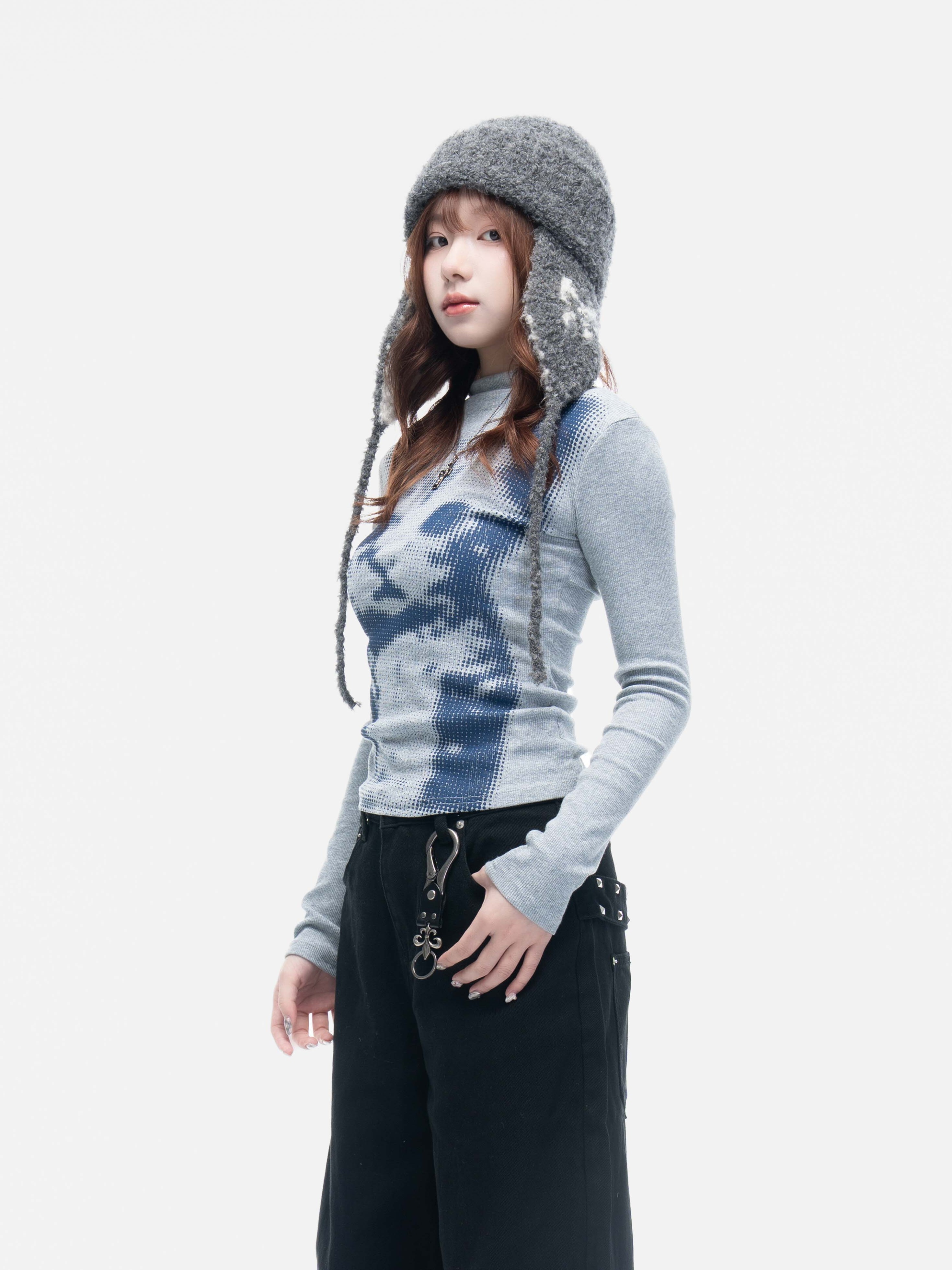 VIVID 點陣 貓咪 微高領 顯瘦 打底 長袖 上衣 薄長袖