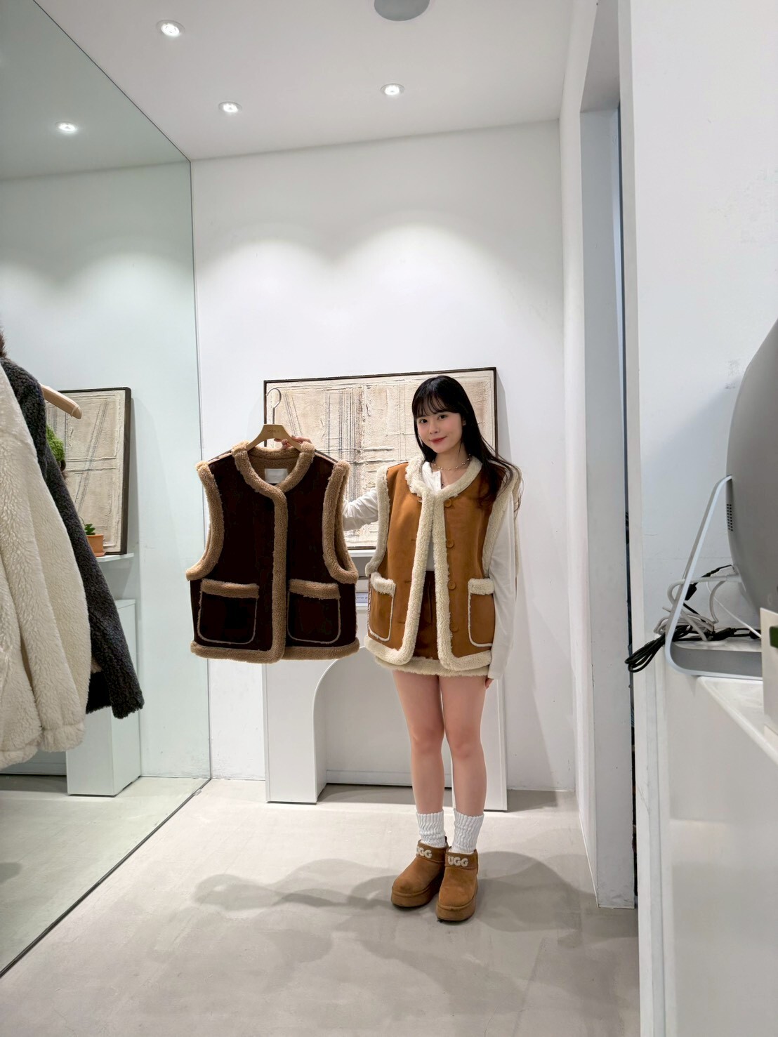 HN5312 羊羔毛拼邊仿麂皮背心馬甲