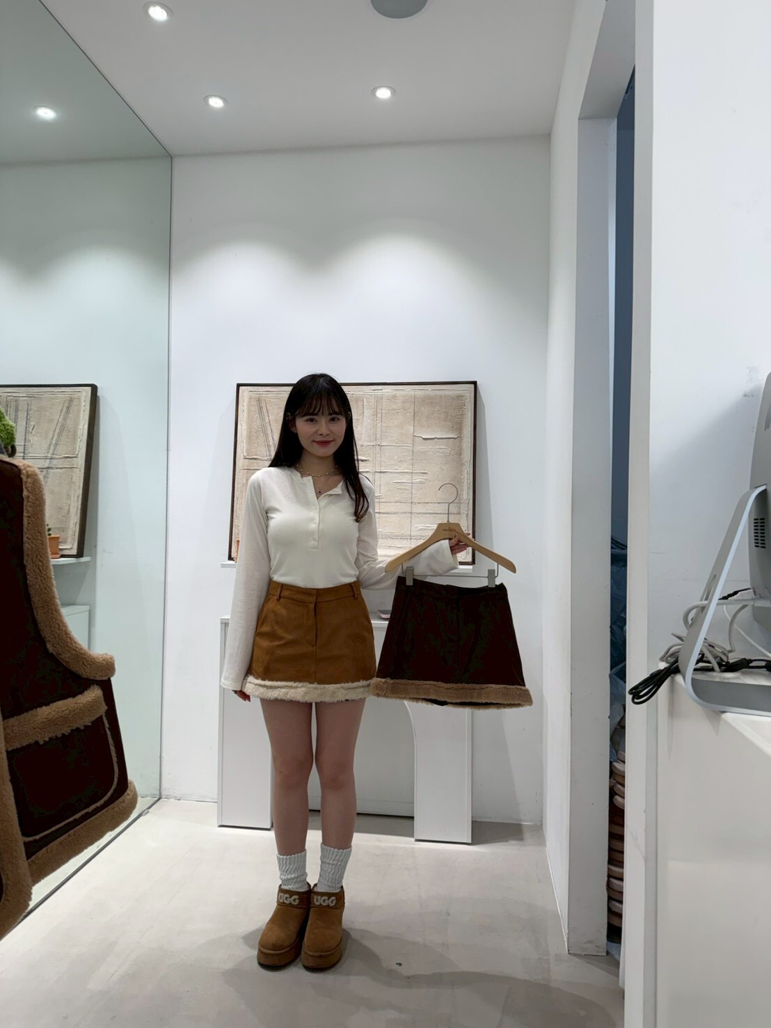 HN5313 可愛高腰仿麂皮羊羔毛短裙 *S/M Size*