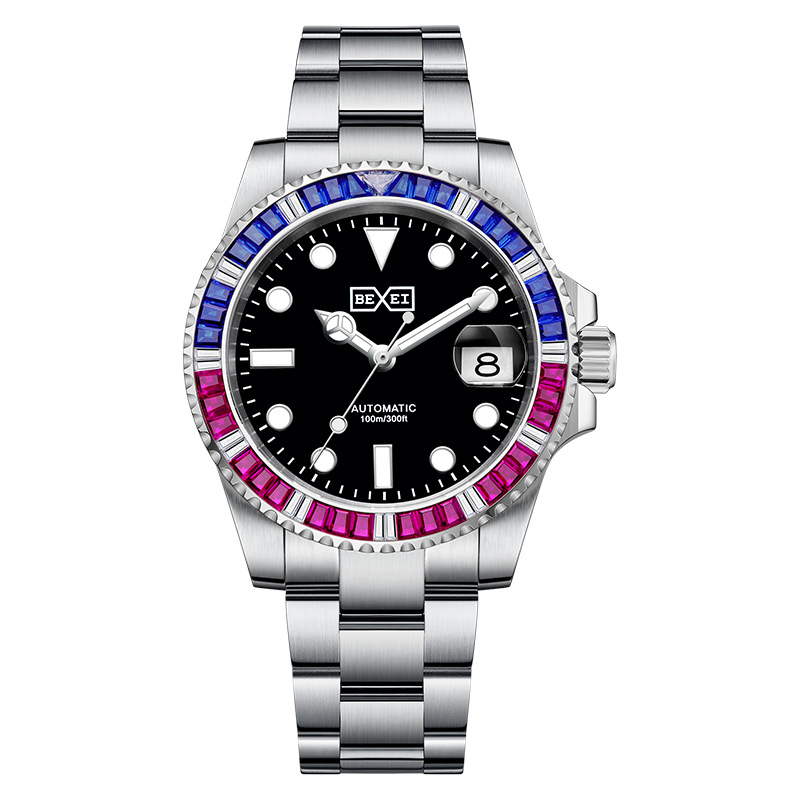 【BEXEI 貝克斯】9173 旅遊運動 潛水鑽圈 可樂圈 彩虹圈 夜光 防水百米 不鏽鋼 自動機械錶 手錶