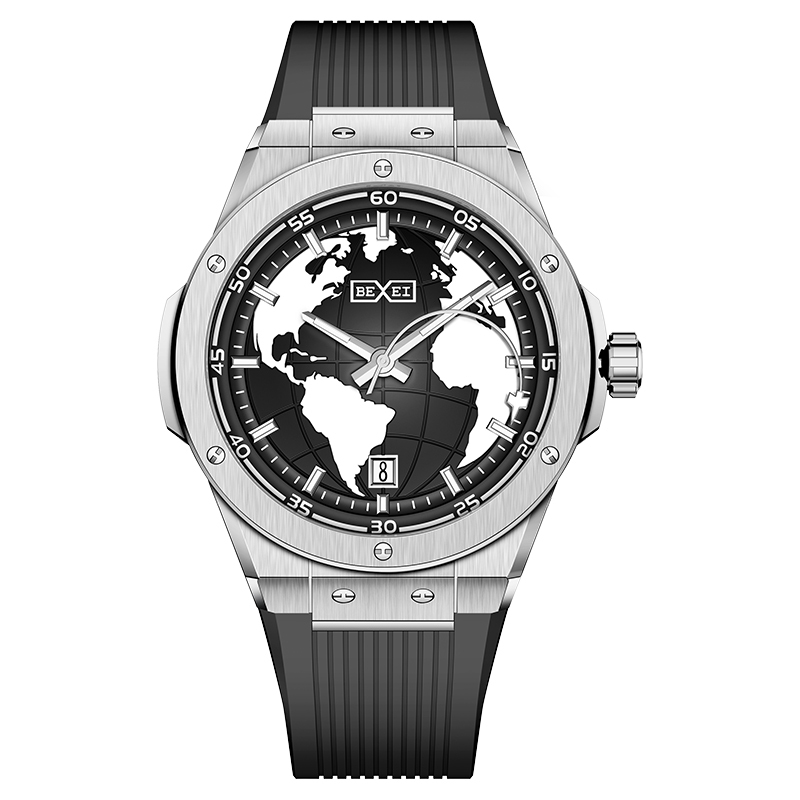 【BEXEI 貝克斯】9136 世界地圖 戰鬥機 指針 藍寶石水晶 不鏽鋼 橡膠錶帶  自動機械錶 手錶