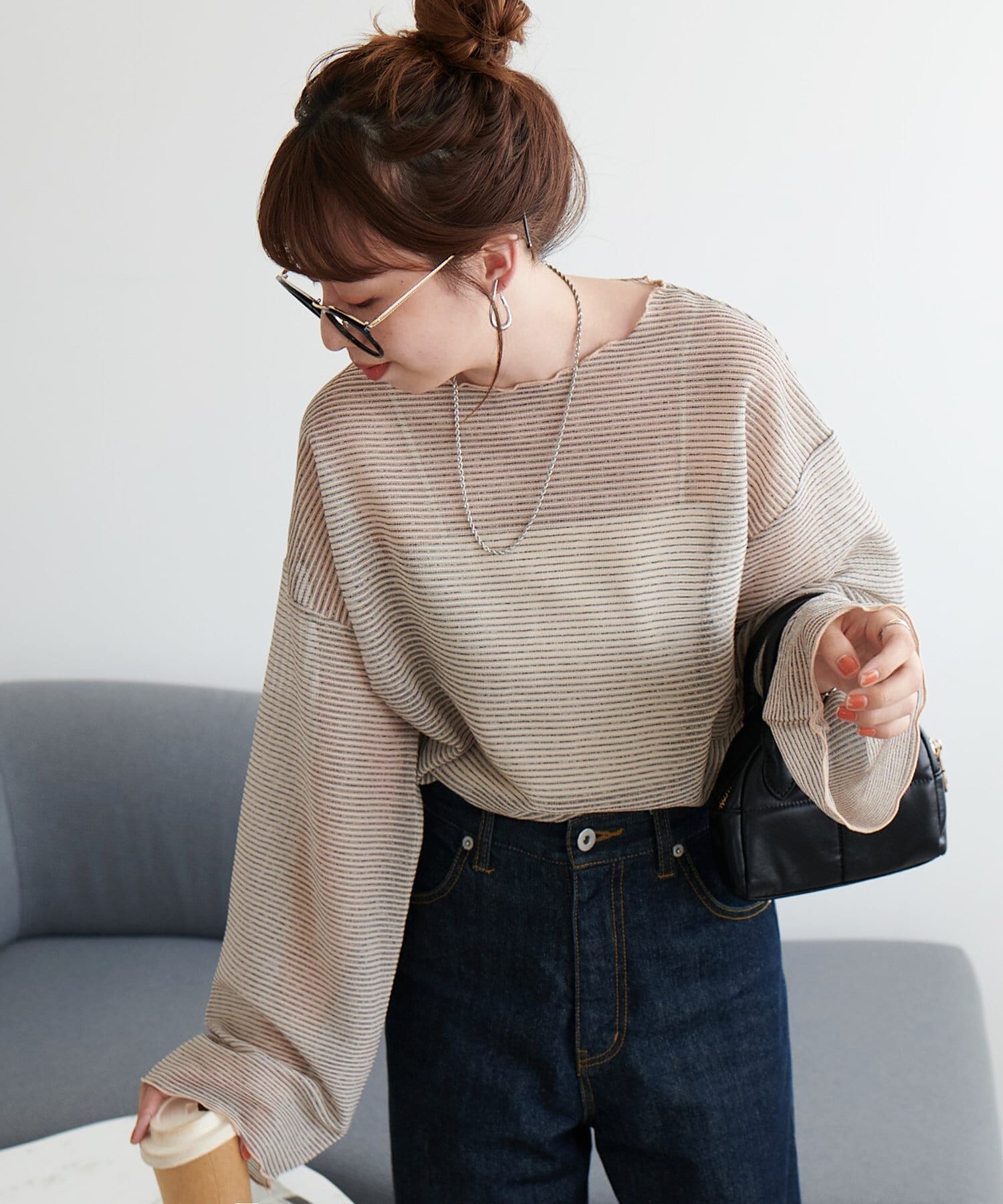 Discoat(ディスコート)  【程よい透け感】シアーボーダーロングスリーブ米褐色（DCZ1032106A0018）