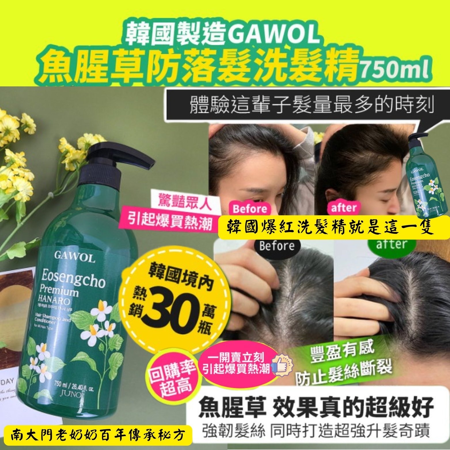 S20615 韓國GAWOL魚腥草防落髮洗髮精750ml
