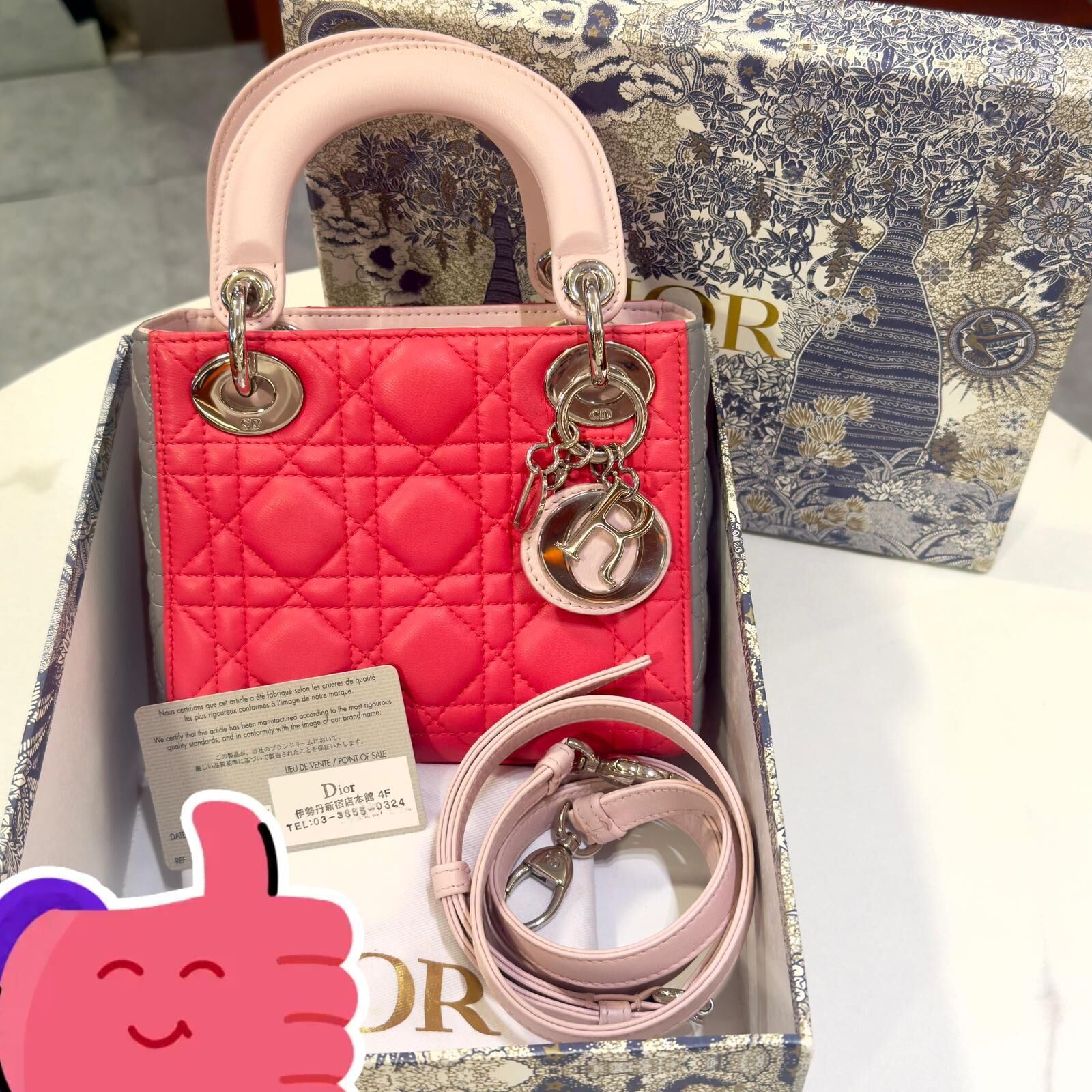 99%NEW接近全新CHRISTIAN DIOR LADY 三格拼色桃紅/粉/灰/小羊皮銀扣 #LADY DIOR #香榭站正品