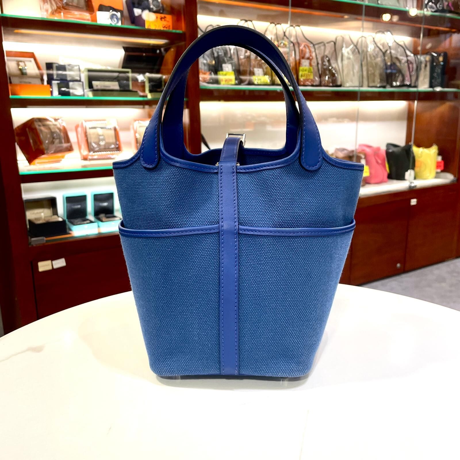 98%NEW二手PICOTIN 18 CARGO POCKETS 水妖藍/皇家藍帆布拼皮銀扣U刻 BLUE EGEE/BLUE ROYAL #P18 #愛碼士水桶 #香榭站正品