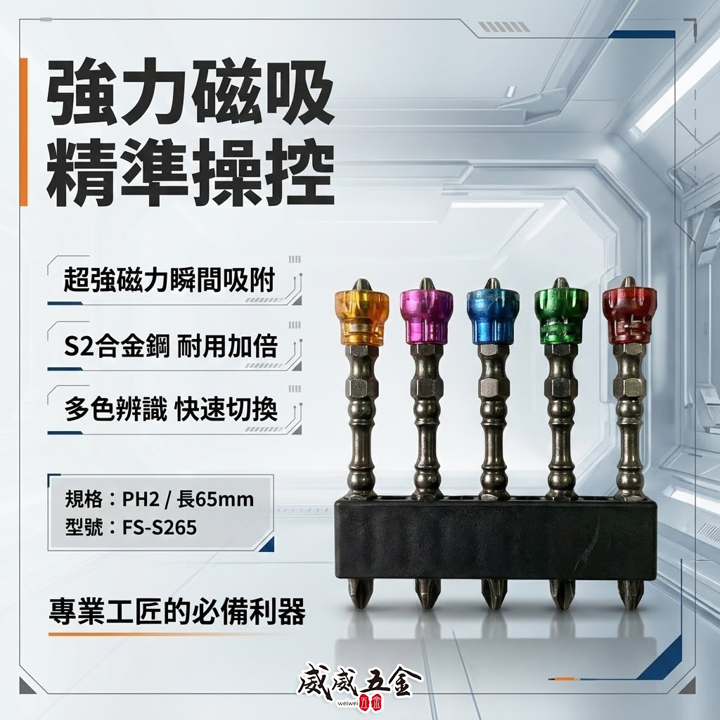 日本 福神｜PH2 長65mm｜迷你螺絲吸住器+起子頭｜黑鎳高扭力起子頭 洩力十字頭｜5支組｜FS-S265