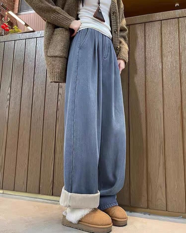 【顯瘦修身的加絨打摺造型寬褲】（現貨）