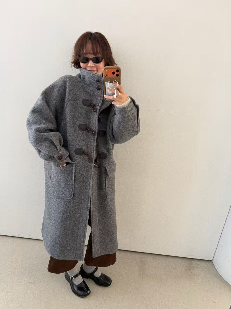 #AD126日系牛角長版大衣(杏/墨)