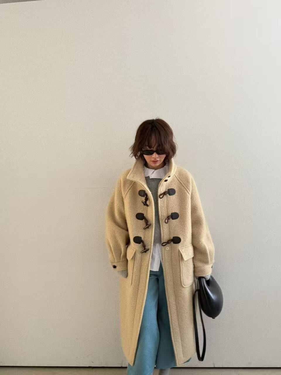 #AD126日系牛角長版大衣(杏/墨)