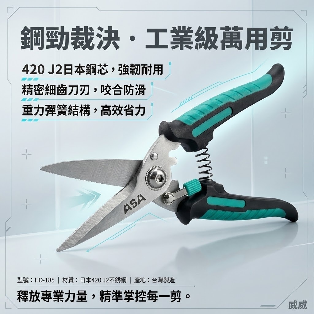 ASA 台灣製｜7" 強力萬用剪刀 膠柄不鏽鋼刀刃剪 電線剪 束帶剪 花藝園藝剪 電纜剪刀 花剪｜HD185 HD-185
