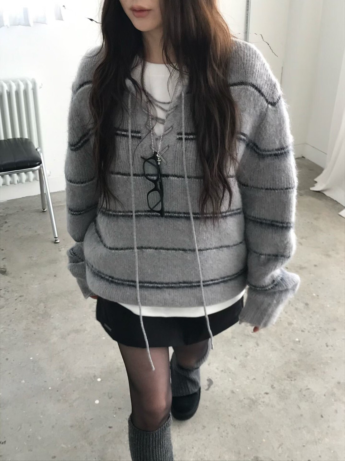 #AD130綁帶條紋毛衣(白/深卡其/灰)