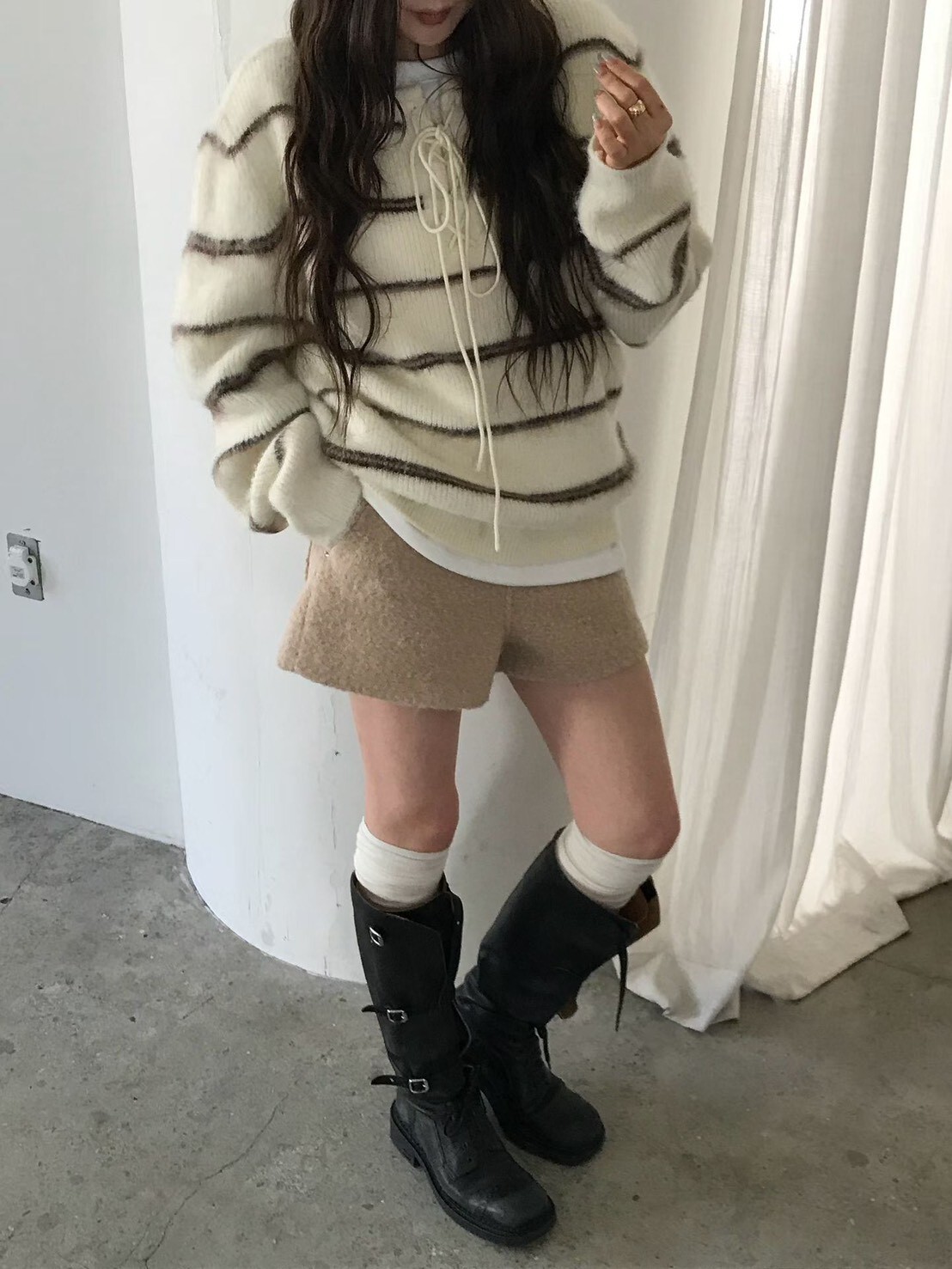 #AD130綁帶條紋毛衣(白/深卡其/灰)