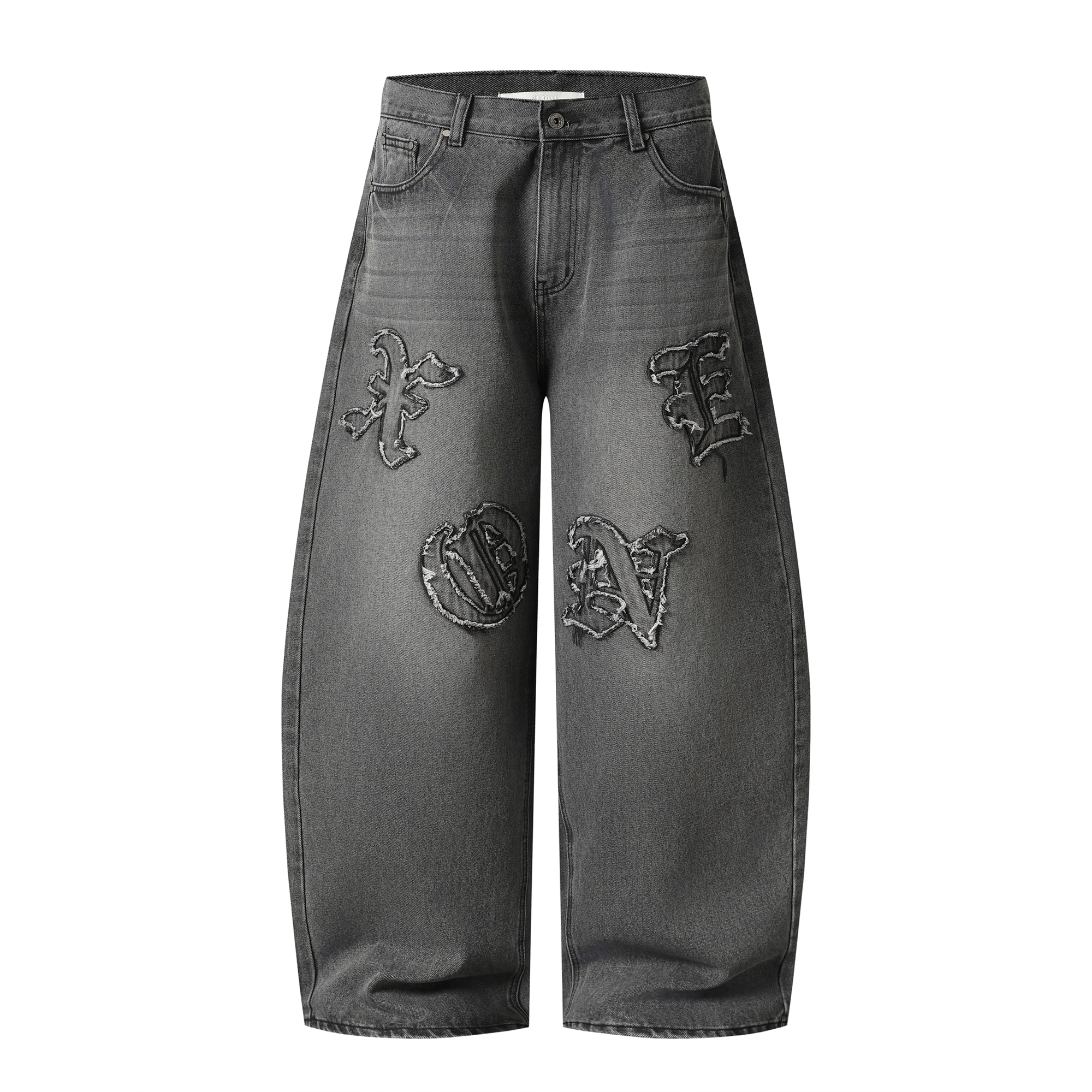 《S.V》前貼布繡歌德字牛仔寬褲