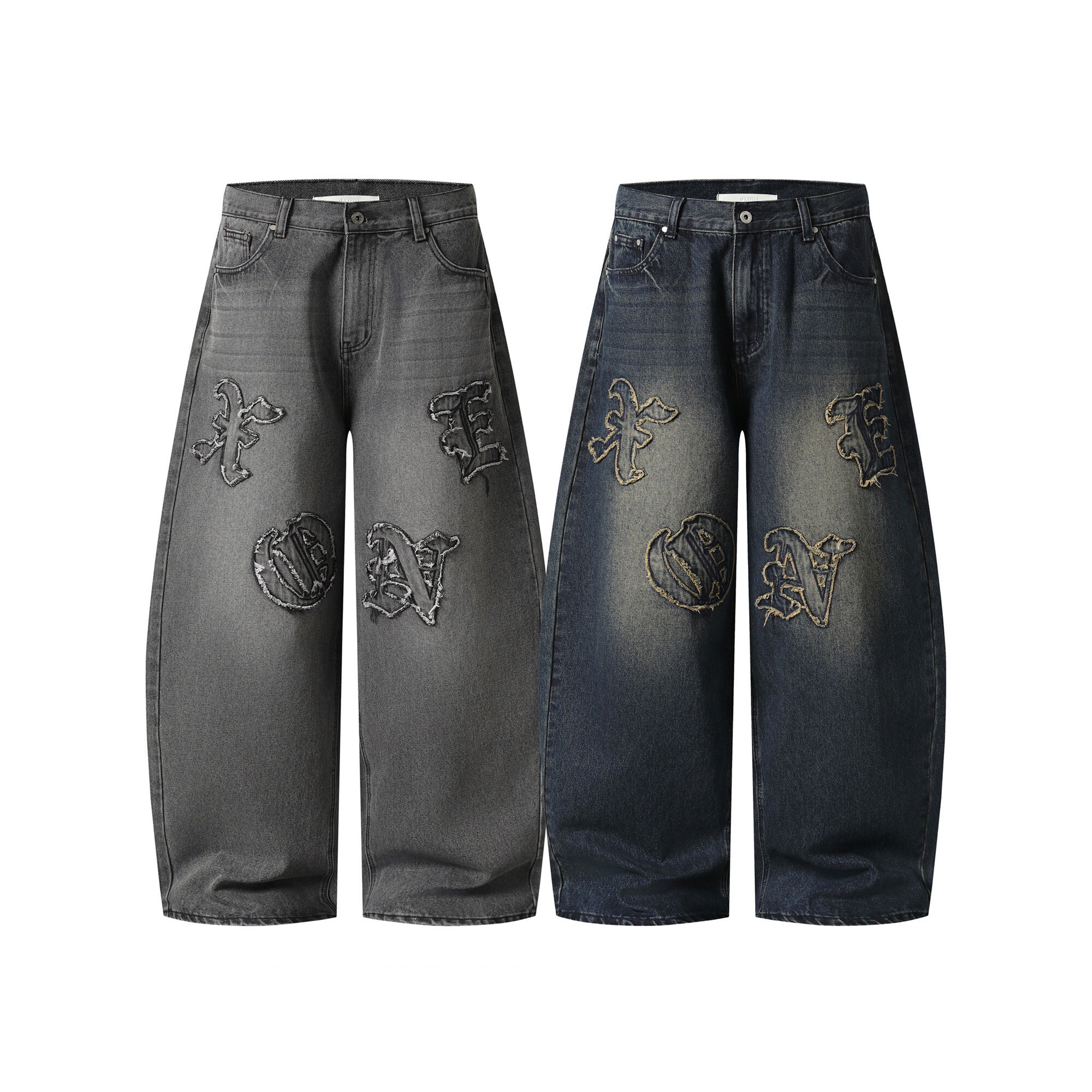 《S.V》前貼布繡歌德字牛仔寬褲