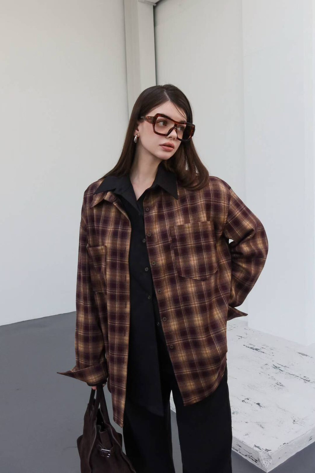 #AD139個性格紋襯衫(咖/水藍)