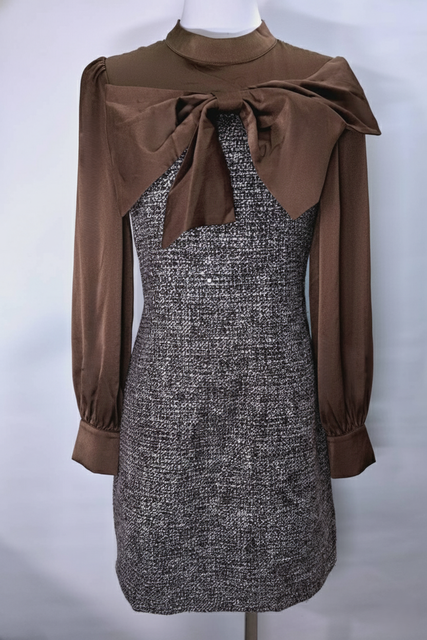 赫本風撞色袖修身短洋裝 C32