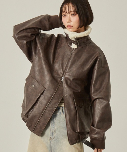 日本🇯🇵連線 MONO-MART X Snap Club 毛絨領復古風雙拉鍊皮外套 寬鬆 雙拉鍊 霧面質感 夾克 皮衣 皮外套 外套 皮夾克 毛絨領 2色(任買兩件711免運)/預購