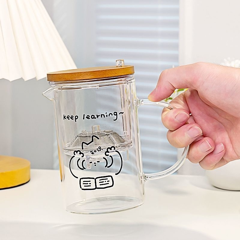 《12225》貓咪按壓款玻璃泡茶杯/420ml