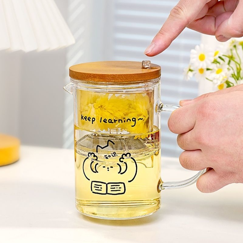 《12225》貓咪按壓款玻璃泡茶杯/420ml