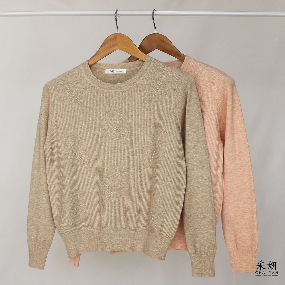 珍珠葉紋直紋針織長袖上衣