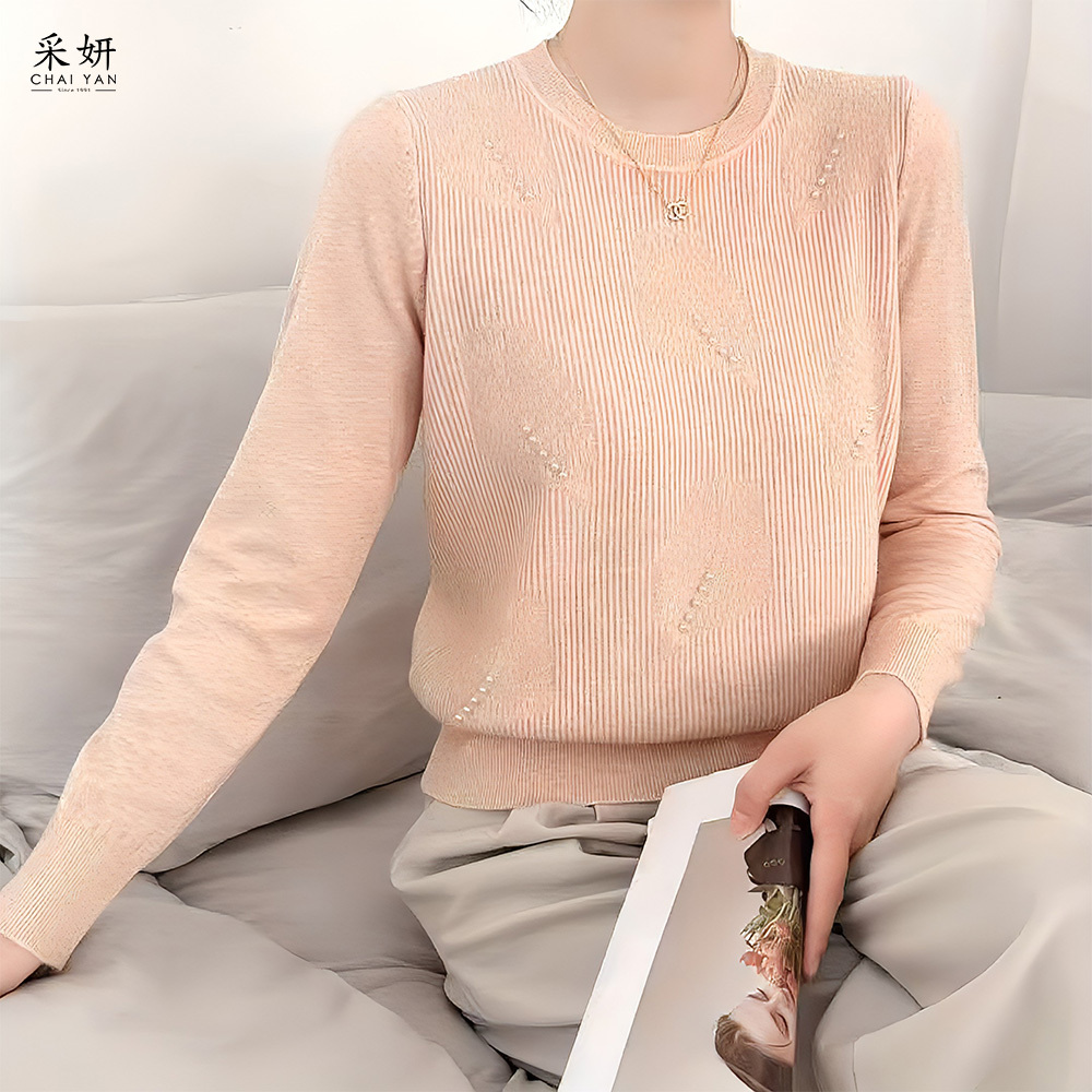 珍珠葉紋直紋針織長袖上衣