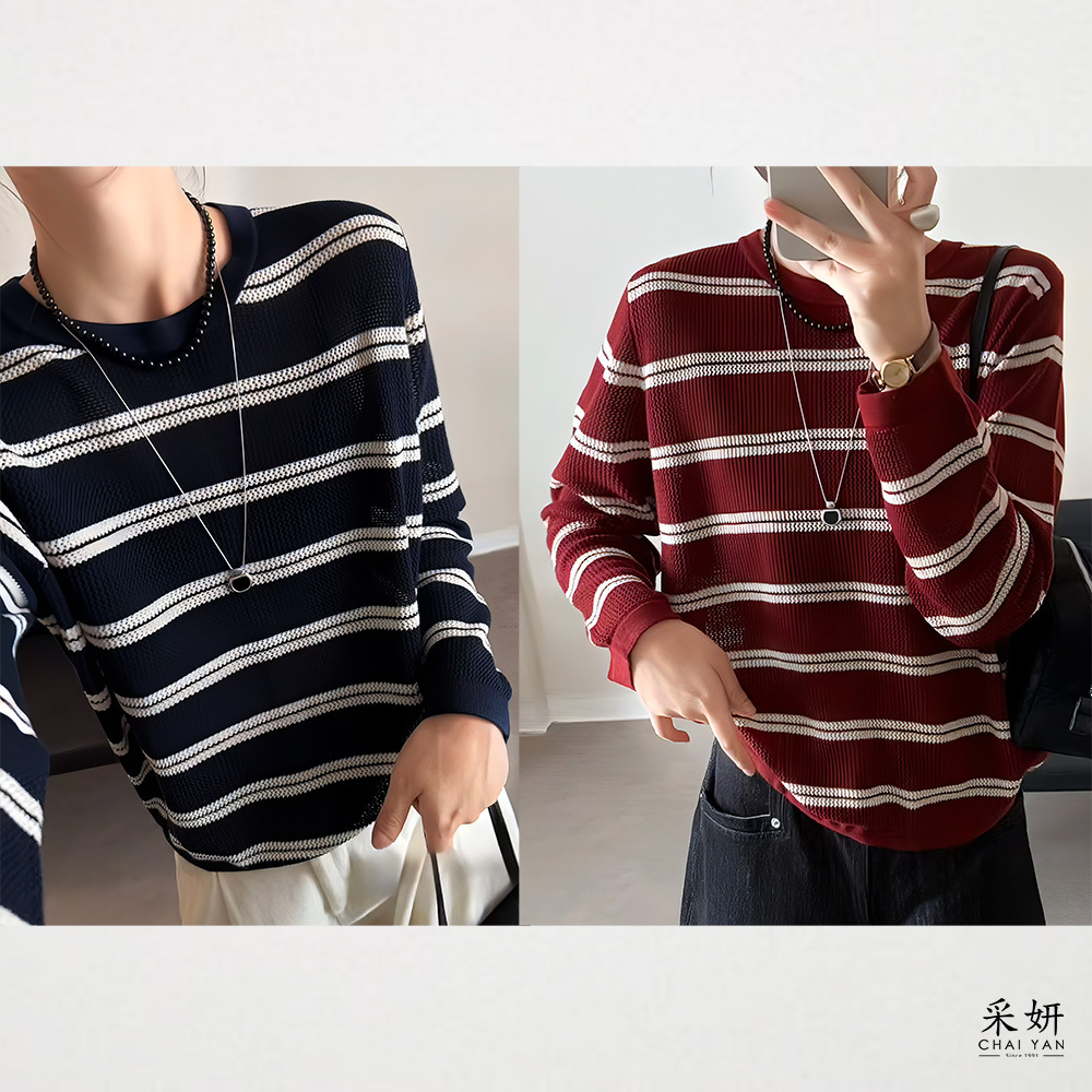 簍空橫條背假排釦針織長袖上衣