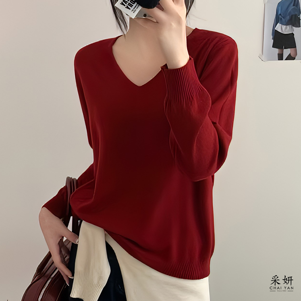 素色微絨V領針織長袖上衣