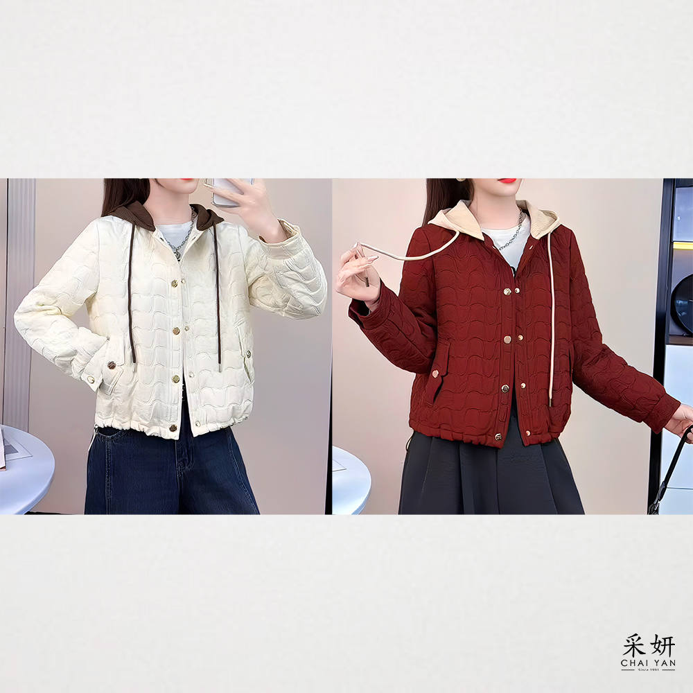 波紋薄鋪棉跳色連帽長袖外套