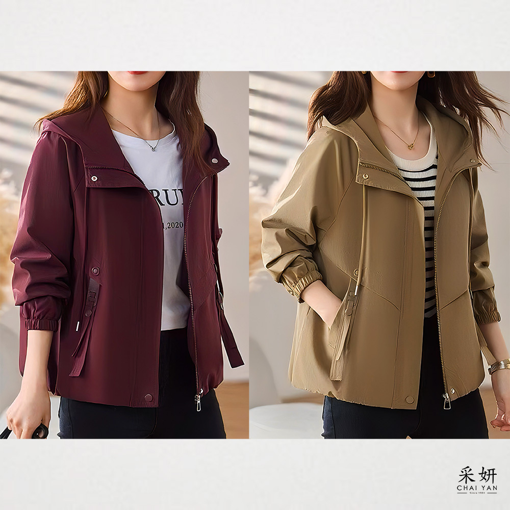 垂線雙口袋連帽拉繩防風外套