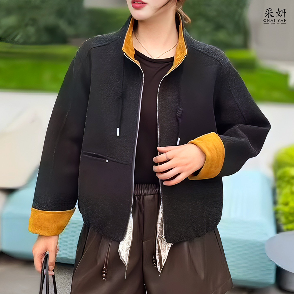 跳色薄鋪棉毛呢長袖外套