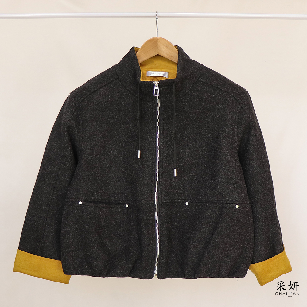 跳色薄鋪棉毛呢長袖外套