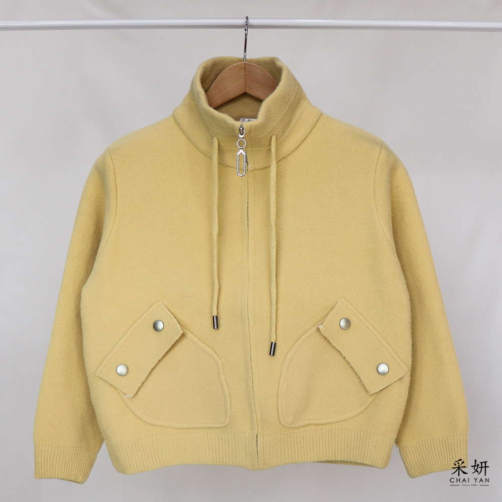 立體口袋厚針織翻領長袖外套