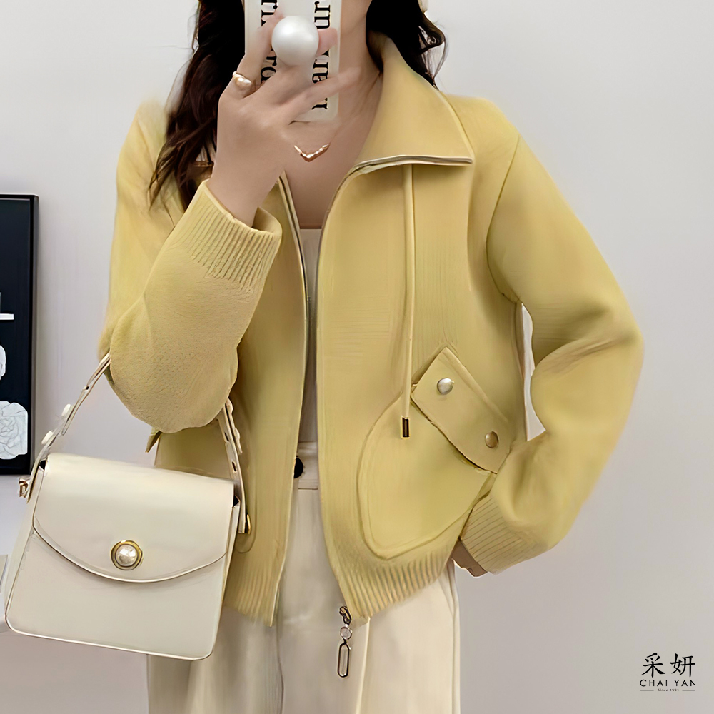 立體口袋厚針織翻領長袖外套