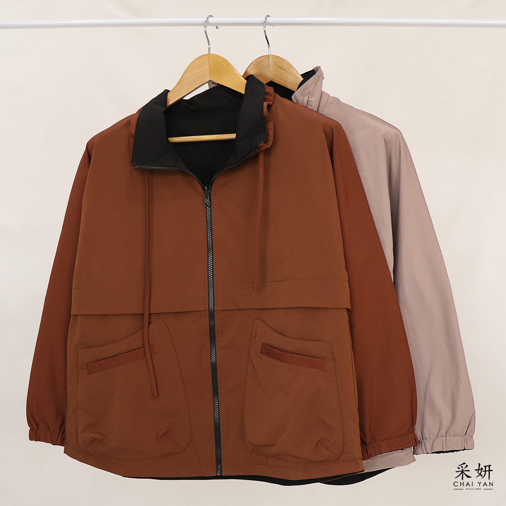 雙面穿跳色翻領平口袋長袖外套