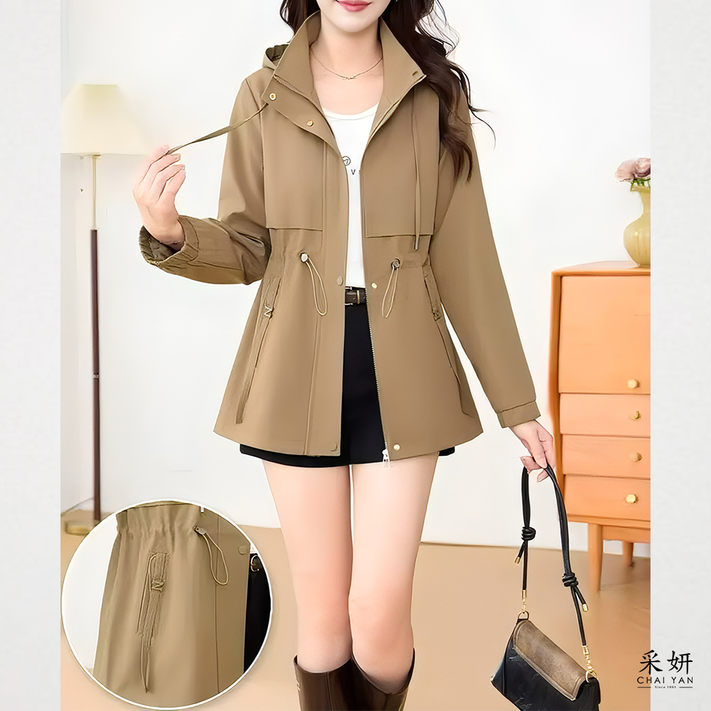 可拆帽長版長袖風衣外套