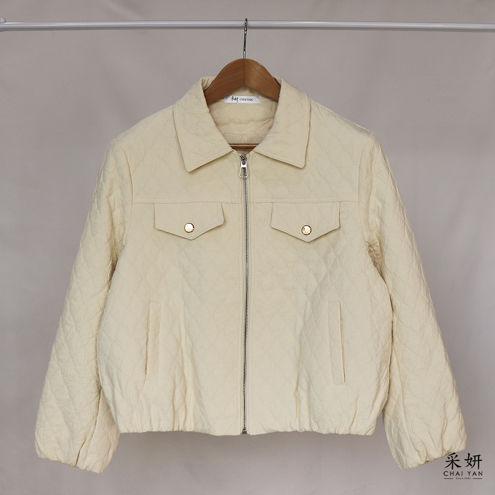 菱紋假口袋中鋪棉翻領長袖外套