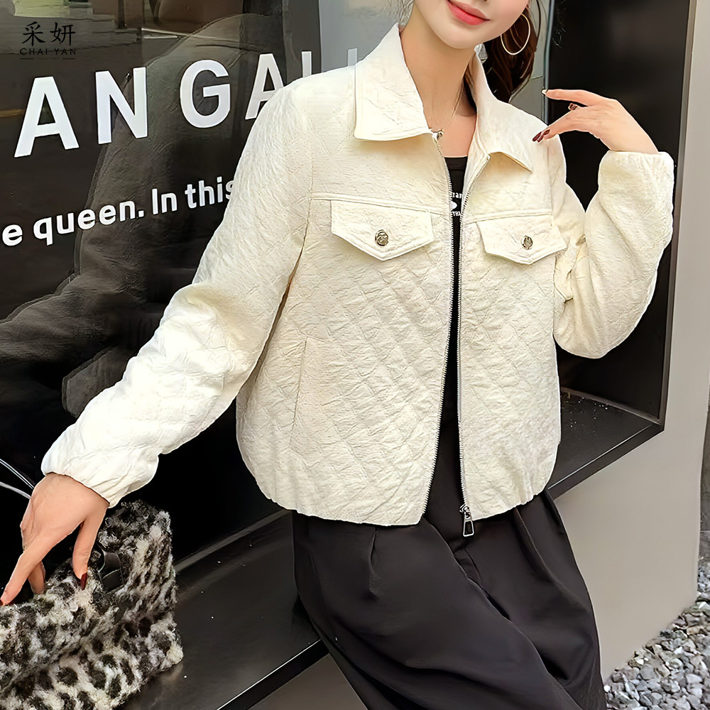 菱紋假口袋中鋪棉翻領長袖外套