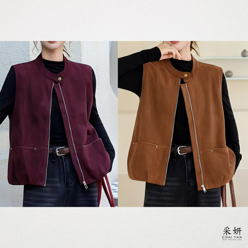 平口袋麂皮圓領壓釦背心