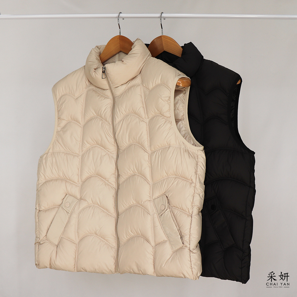雙壓紋縫線厚鋪棉立領防風背心