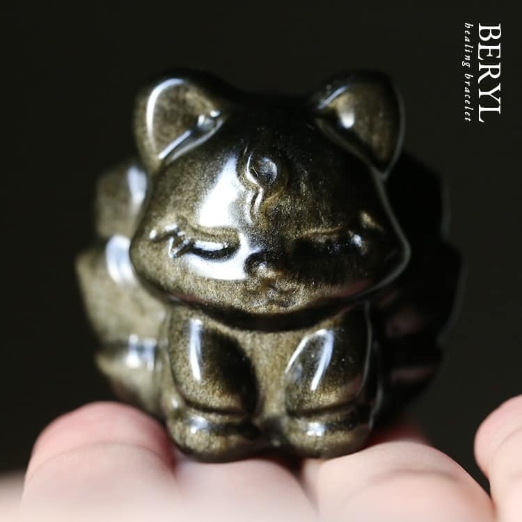 墨西哥金沙黑曜石九尾狐擺件